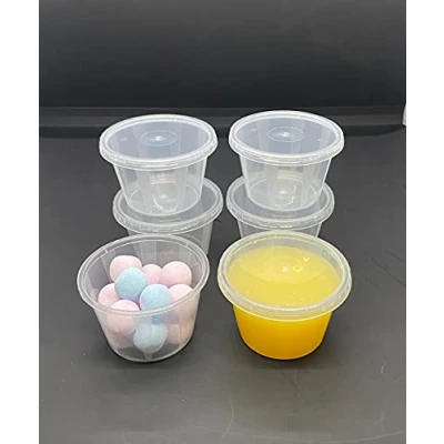 Image of 4oz Round Plastic Food Containers Lids Deli Pot or Sauce Take Away Chutney Ketchup Restaurant Jelly Shot &amp; Dessert Cups Re Usable (50 Pack)