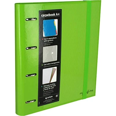 Image of grafoplás 88102020 carpeta 4 Rings A4 with Die Cut On Transparent, 6 Dividers and 140 Sheets 35 mm, Green, Rings, Elastic Closure