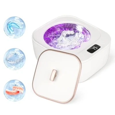 Image of Ultrasonic Retainer Cleaner, 47kHz UV Cleaner for Dentures, 200ML Portable Machine Retainer, Mouth Guard, Aligner, Whitening Trays, All Dental Appliances