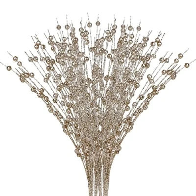 Image of Pcscevcr 10Pcs Artificial Glitter Berry Stems, 15.7 Inch Christmas Tree Picks Twigs Faux Branches, for DIY Wreath Crafts Holiday Floral Arrangement(Champagne)