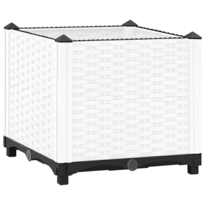 Image of vidaXL White Raised Garden Bed Durable Polypropylene Flower Pot Stylish Rattan Pattern Design Lightweight Outdoor Planter Box Ideal for Vegetables, Herbs, Flowers, and Plants