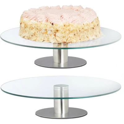 Image of Relaxdays 2X Cake Plates with Foot, Rotatable, HxØ: 7 x 30 cm, Round Pastry Serving Platter, Glass, Transparent/Silver, 90% 10% Stainless Steel
