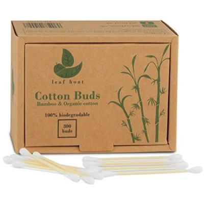 Image of Leaf Boat Bamboo Cotton Buds for Ears, Makeup Cleaning, etc. GOTS Certified Biodegradable, Eco Friendly and Plastic Free Vegan Recycled Packaging (Pack of 1 Box, 300 Buds)