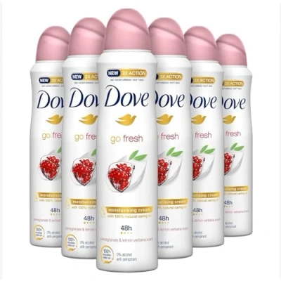 Image of Dove Anti Perspirant Deodorant Spray Go Fresh Pomegranate Fragrance 0% Alcohol Protects 48 Hours Against Body Odour and Underarm Wetness 150 ml Pack of 6