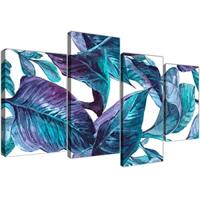 Image of Wallfillers Large Turquoise and White Tropical Leaves Canvas Wall Art Prints Split 4 Set 4323