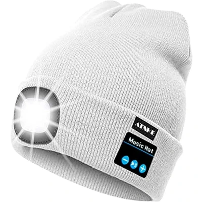 Image of ATNKE LED Lighted Bluetooth Beanie Cap, USB Rechargeable Wireless Musical Running Hat Ultra Bright 4 Waterproof Light Lamp Use for Skiing Hiking Camping Cycling/White