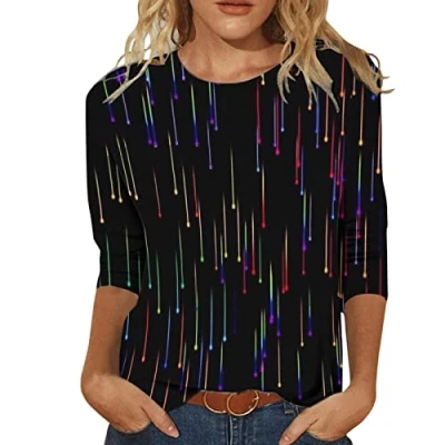 Image of 3/4 Sleeve Tops for Womens Summer T Shirts Round Neck Blouse Fashion Casual Pullover Spring Tees Women Party Elegant Short/Long Work UK Printed Shirt
