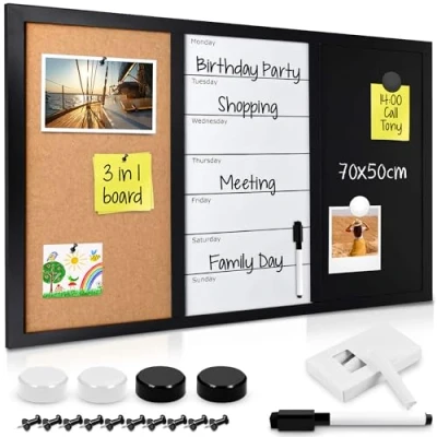Image of Navaris Combination Board Cork/Whiteboard/Chalkboard 70 x 50 cm Magnetic Memo Notice with Frame Includes Chalk, Push Pins, Marker, Magnets