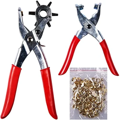 Image of Professional Revolving Leather Punch Plier Set + 100 Pcs Eyelets Rivet Repair 6 Sizes DIY Belt Hole Cut Puncher Leathercraft Workshop Tailor Craft Hand Tools UK FREE P&amp;P
