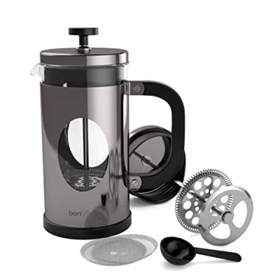 Image of bonVIVO Cafetiere GAZETARO I 350ml, 8 Cup, Stainless Steel French Press Coffee Maker w/Bonus Scoop and Replacement Filter Mesh Heat Resistant Gifts for Women Men Silver