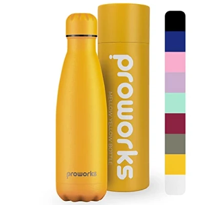 Image of Proworks Performance Stainless Steel Sports Water Bottle Double Insulated Vacuum Flask for 12 Hours Hot &amp; 24 Cold Drinks Great Home, Work, Gym Travel 1L BPA Free Mellow Yellow