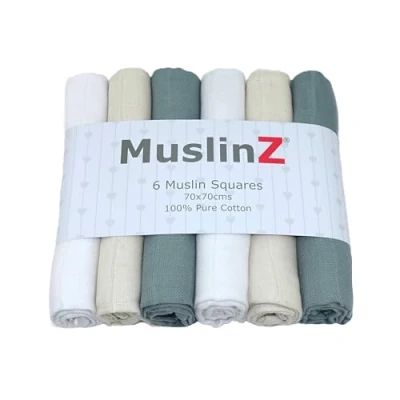 Image of MuslinZ 6 pack Muslin Squares Baby Burp Cloths 70x70cms Perfect for Newborns, multi use, Oeko Tex standard 100, UK brand. (Aqua Combo, Pack)