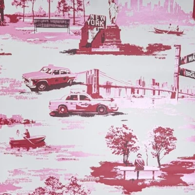 Image of SOPHIE LAURENCE Red Pink Metallic Wallpaper New York Statue of Liberty Landmarks Taxis&#039;s Smooth Paste The Paper for Living Room (Sample)