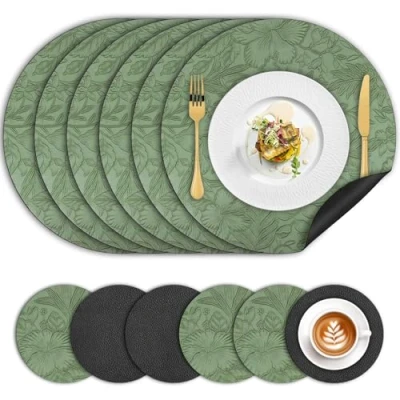 Image of Placemats and Coaster Sets 6, Dual Sided PU Leather Place Mats(34cm) Heat Resistant Waterproof No Slip, Washable Round Floral Kitchen Coffee Table Mats for Home Hotel Indoor Outdoor Party(Green Black)