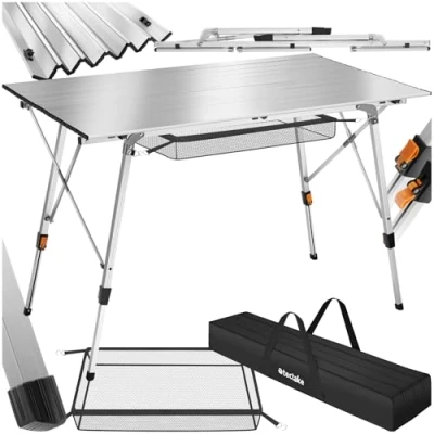 Image of TecTake® Premium Camping Table, Adjustable Height, Lightweight Aluminium, Weather Resistant, Easy Setup with Storage Net, fold away table Includes Dual Handle Carry Bag 120x70.5x5879cm silver