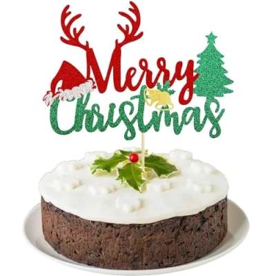 Image of Merry Christmas Cake Topper, 1 Pack Red Green Glitter Xmas Decorations for Santa Happy New Year Party Supply Decoration