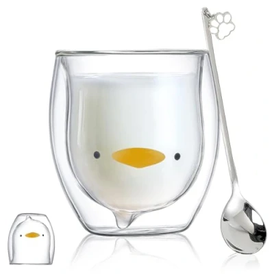 Image of Cute Mugs Glass Double Wall Insulated Glasses Espresso Cup, Coffee Tea Milk Best Gift for Office and Personal Birthday (Duck)
