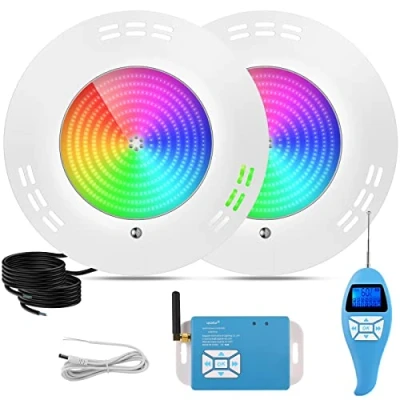 Image of LyLmLe Resin Filled LED Pool Light, 35W Ultra Flat Light RGB External Synchronisation with Remote Control, 140 Beam Angle, IP68 Waterproof, Surface Mounted Lights, 12 V AC (Pack of 2)