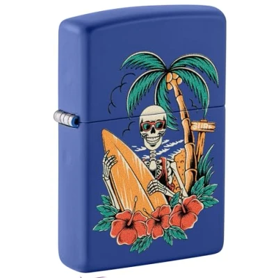Image of Zippo Windproof Lighter Surfer Skull Design Royal Blue Matte Refillable for Lifetime Use Gift Box Metal Construction Made in USA, One Size