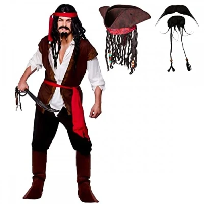 Image of A2ZFD Adult Mens Caribbean Captain Jack Pirate Fancy Dress Costume + Deluxe Hat With Hair &amp; Beads Beard Tash (S (37&#039;&#039;)), Multicolored