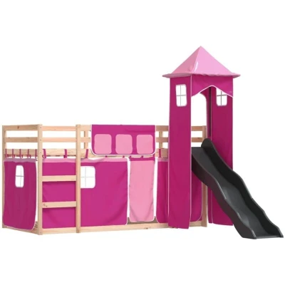 Image of Bunk Bed without Mattress with Slide and Curtains Pink 80x200 cm Vidaxl