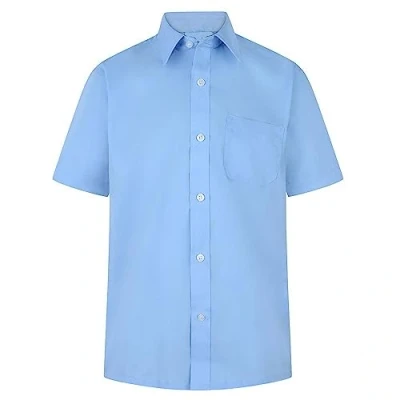 Image of Boys Dress School Shirts Short Sleeve Long in Blue &amp; White Colour (9 10 Years (13&quot; Collar Size), Sleeve)