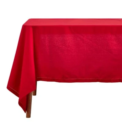 Image of HOMESCAPES Red Cotton Tablecloth 6 to 8 seater Large Rectangular 137 x 228 cm (54 90 Inches) Washable Hand Woven 100% Plain with Decorative Ladder Stitch Edge