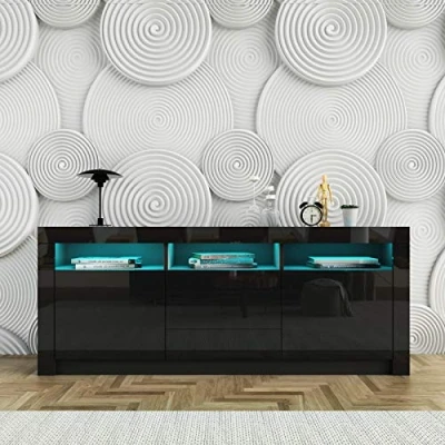 Image of Sideboards for Living Room, Modern Kitchen Cabinet with 2 Doors 3 Drawers, Led Storage Cupboard TV Stand Unit Light, Black, 160 x 35 72cm