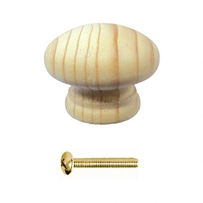 Image of Merriway BH04914 (4 Pcs) Unlacquered Pine Cupboard Cabinet Door Knob, 38mm with Bolt &amp; Insert Pack of 4 Pieces