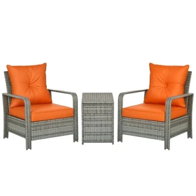 Image of Outsunny 3 pcs PE Rattan Wicker Garden Furniture Patio Bistro Set Weave Conservatory Sofa Storage Table and Chairs Orange