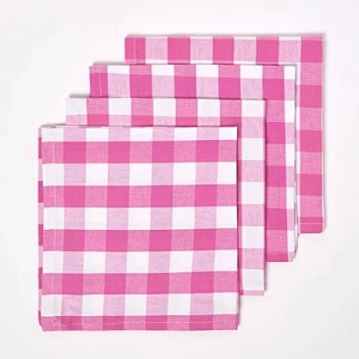 Image of HOMESCAPES Set of 4 Pink Gingham Napkins Block Check Pattern 100% Cotton 45 x cm (18 18) with and White Checkered Design