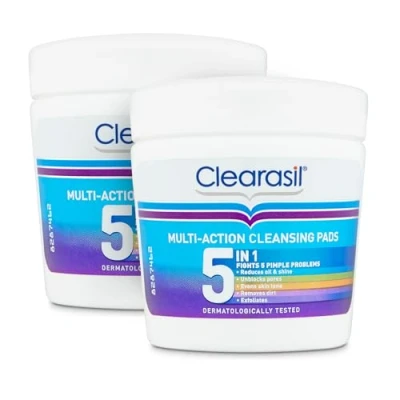 Image of Clearasil 5 In 1 Multi Action Cleansing Salicylic Acid Pads, Face Exfoliating For Acne Prone Skin, Unblock Pores, Reduces Blackheads, Pimples &amp; Excess Oil, Everyday Spot Prevention, 65&#039;s (Pack Of 2)