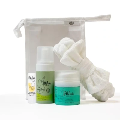 Image of LAV Moisturising Face Care Bundle, Cream, Foaming Cleanser, Lip Butter with Headband and Bag (white, blue, green)