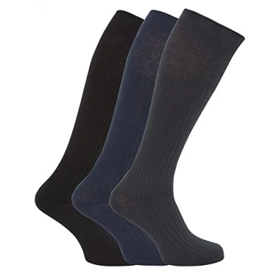 Image of Mens Ribbed Knee High 100% Cotton Socks (Pack Of 3) (6 11) (Black/Blue/Grey)