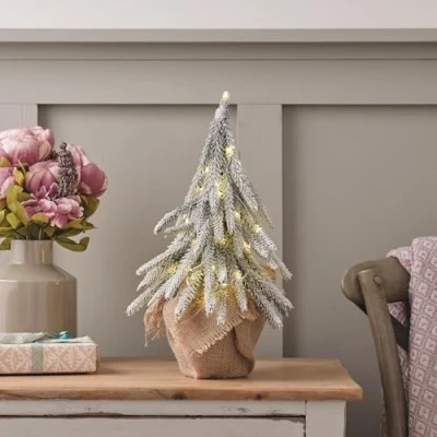 Image of Lights4fun 40cm Indoor Pre Lit Artificial Potted Frosted Mini Christmas Tree Tabletop Decoration
