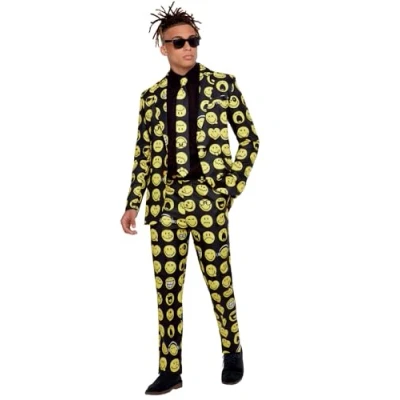 Image of Smiffys Smiley Stand Out Suit Yellow &amp; Black Jacket, Trousers Tie, Official License Costume with Boxed Packaging, Bold, Head Turning for Events, Parties Festivals