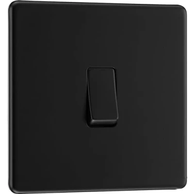 Image of BG Electrical Single Wall Light Switch, 2 Way, Screwless Front Plate, Slim Profile, Premium Flatplate, Matt Black, 20A, 16AX, FFB12