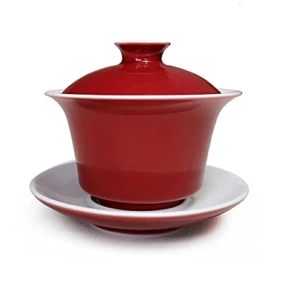 Image of Porcelain Gaiwan 5oz/150ml Teacup White Glazed Tea Cup Tureen Chinese Sancai Cover Bowl Lid Saucer Set (Red)