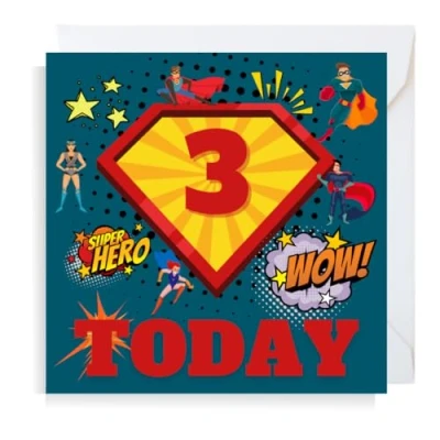 Image of Second Ave Superhero 3rd Birthday Age 3 Square Children&#039;s Kids Greeting Card for Boy or Girl