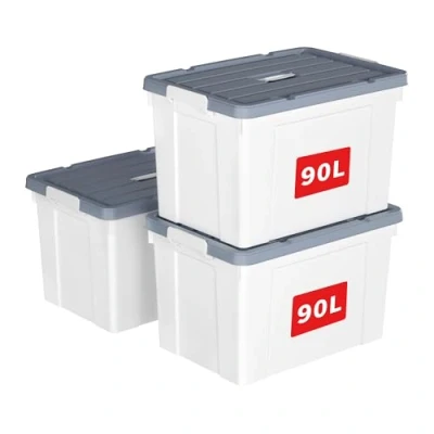 Image of Cetomo 90L*3 Storage Boxes, Carry Plastic Box with Lids, Organizing Container Handle and Secure Latching Buckles, Stackable, Nestable, Tote Bin for Home Office Clothes, 90L 3Pack, White