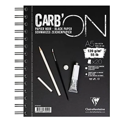 Image of Clairefontaine Ref 975042C Carb&#039;On Black Wirebound Paper Pad (20 Sheets) A5 (210 x 148mm) Sized, 120gsm Paper, Acid Free, pH Neutral Suitable for Watercolour