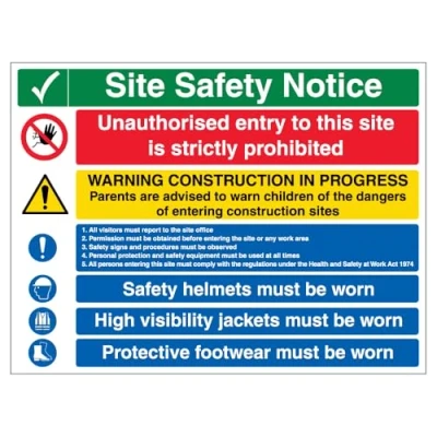 Image of V Safety Multi Hazard Site Notice 6 Points Correx® 600 x 450 mm Sign