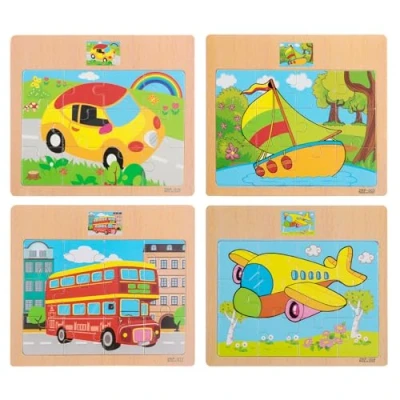 Image of ACQUWISTACH 12 Pieces Colourful Wooden Transportation Puzzle Educational Set for 2 5 Years（4 Puzzles）