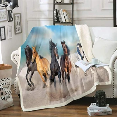 Image of 3D Horse Fleece Throw Blanket Running Horses Sherpa for Kids Boys Adults Galloping Printed Plush Animal Theme Fuzzy Sofa Bed Couch Baby 30x40 Inch