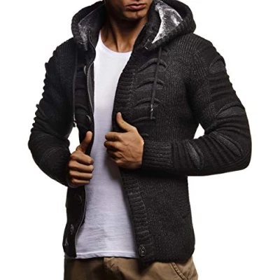 Image of Leif Nelson Men Cardigan Jacket Hood LN 5605 Anthracite Black Small