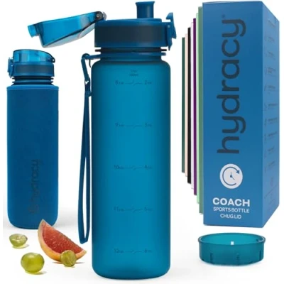 Image of Hydracy Water Bottle with Time Marker 500 ml 17 Oz BPA Free Leak Proof &amp; No Sweat Gym Fruit Infuser Strainer for Fitness or Sport Outdoors Midnight Blue