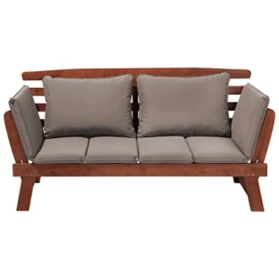 Image of Outdoor Dark Wood Bench Eucalyptus Reclining Armrests Grey Cushions Portici