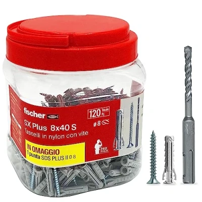 Image of fischer Propack SX Plus 8 S, 120 Dowels x 40 with Screw + SDS Drill Bit mm, Reusable, for Fixing on Concrete and Masonry 570208