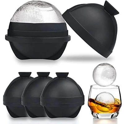 Image of Round Ice Cube Moulds Sphere Ball Maker Tray Reusable Silicone with Built in Funnel Makes 2.5 Inch Large Balls for Whiskey &amp; Cocktails Food Grade