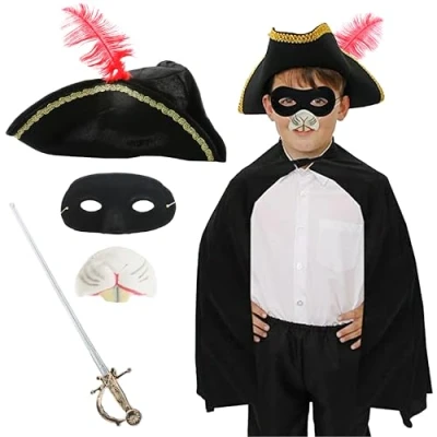 Image of HIGHWAY MAN CHILDRENS COSTUME WITH VELOUR BLACK CAPE AND SILVER PROP SWORD KIDS FANCY DRESS WBD WORLD BOOK DAY KIT 4PC SET